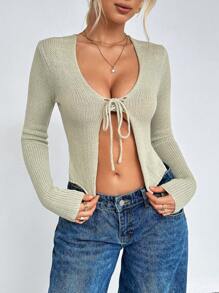 SHEIN Unity Y2K 性感女式系带毛衣开衫 - 綠色 - 查看 2