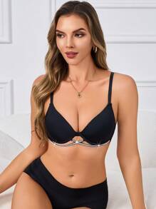 Romantic & Simple Solid Color Push-Up Sexy Bra With Underwire For Women, 1pc - Black - View 8