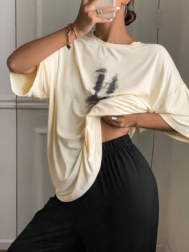 DAZY 春夏休闲简约印花短袖上衣和长裤宽松家居服套装睡衣 - 杏色 - 查看 5