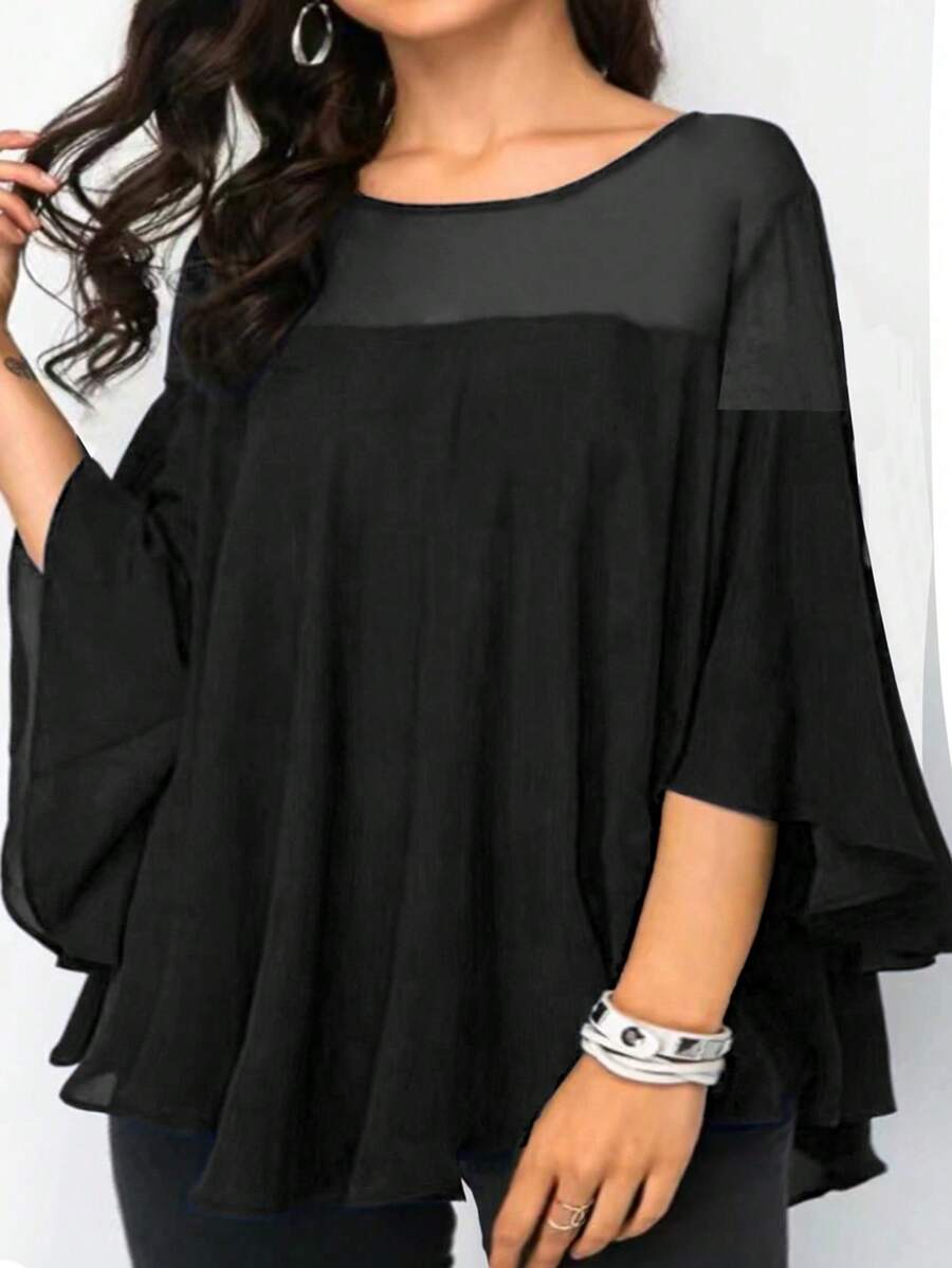 SHEIN Clasi Plus Size Spring Autumn Casual Solid Color Flare Sleeved Shirt, For Summer - Black - View 1