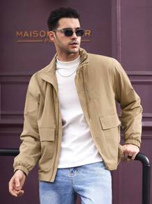 Manfinity VCAY Men's Loose Woven Stand Collar Open Front Jacket, Autumn - Khaki - View 9