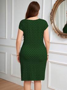 SHEIN Clasi Plus Size Printed Asymmetrical Hem With Gathered Waist Design Dress - Olive Green - View 2