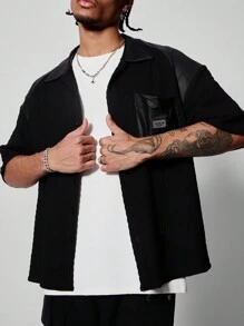 PAVTROS Manfinity Streetrush Men's Loose Fit Short Sleeve Casual Shirt With Alphabet Pattern, Summer - Black - View 1