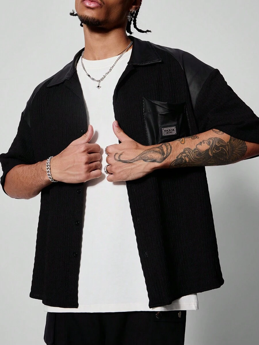 PAVTROS Manfinity Streetrush Men's Loose Fit Short Sleeve Casual Shirt With Alphabet Pattern, Summer - Black - View 1