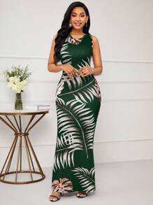 SHEIN Lady 植物印花美人鱼长款节日连衣裙 - 墨綠色 - 查看 5