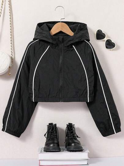 Tween Girl Comfortable Long Sleeve Jacket With Hood, Reflective Stripes And Luminescent Elements
