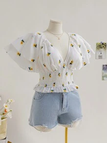 Soleia Vacation White Embroidered V-Neck Blouse With Ruffle Trim And Comfortable Plus Size - Multicolor - View 6