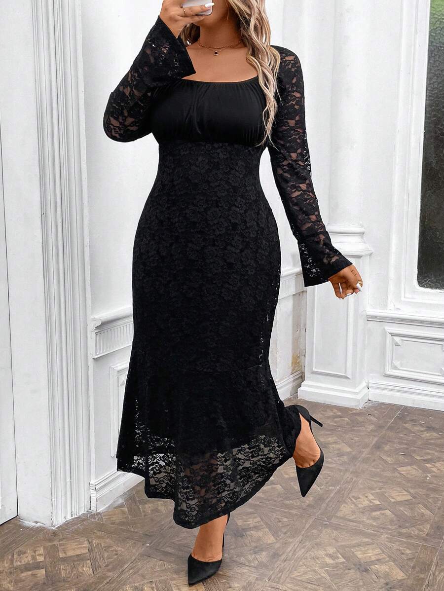 SHEIN Clasi 大码优雅蕾丝喇叭袖美人鱼下摆长款连衣裙，适合春秋季节 - 黑色 - 查看 1