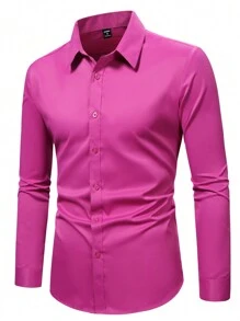 Manfinity Mode Men's Spring/Summer Solid Color Long Sleeve Casual Work Shirt, Fall - Hot Pink - View 4