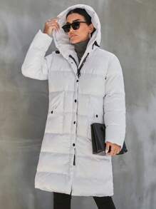 SHEIN PETITE Women's  Drawstring Hooded Puffer Coat - White - View 3