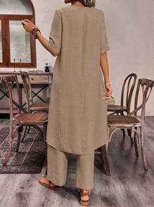 EMERY ROSE Women's Round Neck Short Sleeve Cross High Low Top And Pants Casual Two-Piece Set - Khaki - View 2