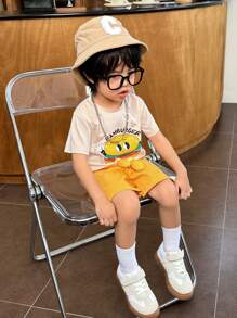 SHEIN Baby Boys' 2pcs Casual Outfit - 3D Cartoon Printed Hamburger Short Sleeve T-Shirt And Solid Color Big Pocket Shorts For Daily Wear
