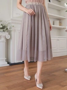 DAZY Váy chữ A bằng vải lưới màu trơn dành cho nữ, cạp chun. - Màu Khaki - Xem 4