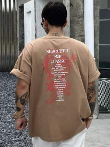 DAZY 男士夏季标语印花圆领短袖休闲T恤，图案T恤 - 卡其色 - 查看 1