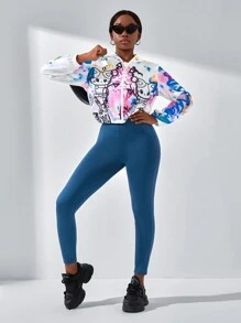 SHEIN Explorewe 少女2入組街頭風格休閒塗鴉字母貓咪印花帽衫外套和緊身褲 - 彩色 - 查看 3