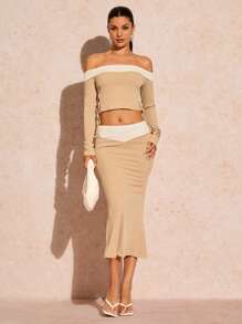 Glamine Knitted Ribbed Color Block Bandeau Top & Long Skirt Set Fall Cloth For Women