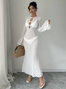 Selianne Spring Summer Sexy Solid Color Hollow-Out Knit Trumpet Sleeve Mermaid Style See-Through Long Dress Fall Cloth For Women - White - View 6