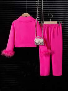 SHEIN Bộ đồ và quần dài tay in họa tiết lông vũ dành cho các cô gái trẻ, Bộ hai món Xuân Thu - Màu Hồng Tươi - Xem 2