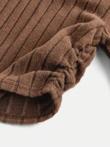 SHEIN Leap Crew Tween Girls' Academy Casual Long Sleeve Knit Rib Plain Tee & Foldover Pants Set - Brown - View 4