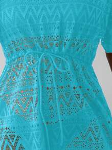 SHEIN Swim 女士纯色简约日常镂空短袖罩衫 夏季 - 藍色 - 查看 5