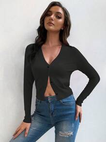 SoleilVie Cárdigan de mujer de cuello en V de manga larga con un solo botón de unicolor, para primavera/verano, Top de manga larga - Negro - Ver 4