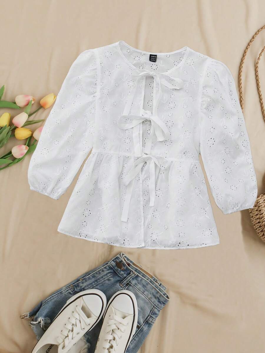 SHEIN VCAY Vải thêu ren màu trơn cổ tròn tay phồng buộc dây phía trước Áo sơ mi nữ, buộc dây phía trước, áo ren - trắng - Xem 1