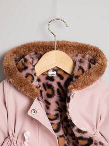 SHEIN Áo khoác ấm trùm đầu mùa đông mới cho bé gái 2024, đơn giản và thời trang, chống gió và quần áo thoải mái - Hồng - Xem 3