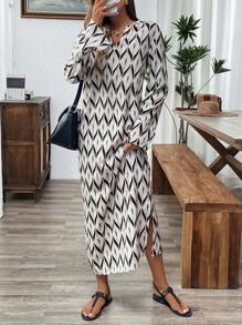 SHEIN LUNE Allover Print Split Thigh Tunic Dress For Holiday - Apricot - View 4