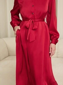 SHEIN LUNE 女士春秋休闲纯色灯笼袖衬衫优雅缎面连衣裙，秋季女装，红色女装 - 紅色 - 查看 6