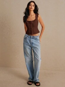 Poéselle Summer Solid Color Ruffle Top, Simple And Casual, Summer Fashionable Solid Color Vest, Linen Vest Top - Coffee Brown - View 3