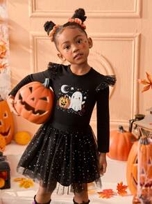 2 件套少女万圣节主题针织拼布雪纺荷叶边下摆休闲上衣和迷你裙套装 - 黑色 - 查看 1