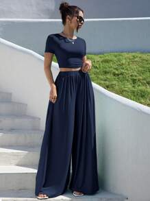 SHEIN Essnce Conjunto de dos piezas de verano - Azul Marino - Ver 4