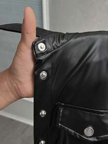 Slaydiva Chaqueta de cuero ajustada minimalista y sólida para mujer en otoño/invierno - Negro - Ver 8