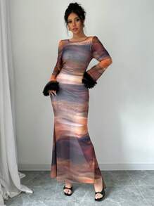 Elenzga Vestido con mangas acampanadas y bloques de color de malla teñida anudada, primavera/otoño