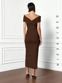 MISSGUIDED Cross Ruched Off Shoulder Side Slit Midaxi Dress - Brown - View 2