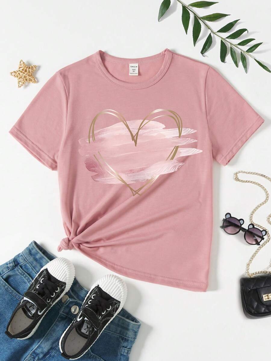 Sparklyn Tween Girls Simple Heart Print Short Sleeve Crew Neck T-Shirt - Dusty Pink - View 1