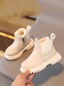 1 Pair Fashion Solid Color Autumn/Winter Children Boots, Girls' Daily Casual Fleece Boots, Unisex Boys' Pull-On Warm Short Boots, Suitable For Autumn/Winter Outdoor (Size Runs Small)