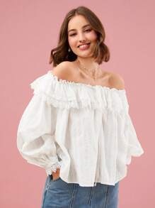 Enchnt Autumn Romantic Vacation French Sweet Lace High-End Exquisite Off-Shoulder Lantern Sleeve Shirt - White - View 6