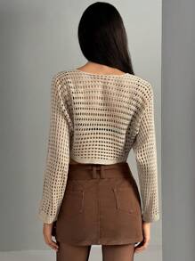 Aveloria Affinna Short Hollow Out Knitted Lace Up Sweater With Tie, Y2K Style, Fall Winter - Coffee Brown - View 6