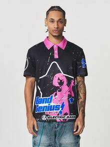 ROMWE MEN Anime Áo sơ mi Polo có cổ hình chữ & đồ họa tương phản dành cho nam - màu đen - Xem 6