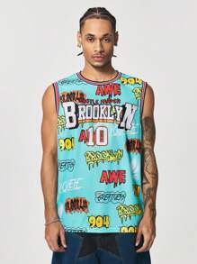 ROMWE MEN Prep Men's Casual Round Neck Sleeveless Basketball Jersey Style Tank Top With Letter Print, Summer, School - Multicolor - View 6
