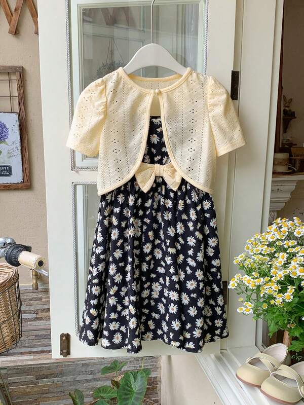 SHEIN 少女編織純色短款針織開衫&編織花卉背心裙套裝，2件套