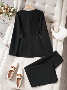 SHEIN Unity 2pcs Chic Fitted Blazer Jacket And Split Hem Skirt Suit Set For Women Fall Cloth For Women - Black - View 2