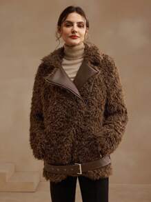 Anewsta Fluffy Jacket For Women With Leather Patchwork And Fluffy Surface - Brown - View 4