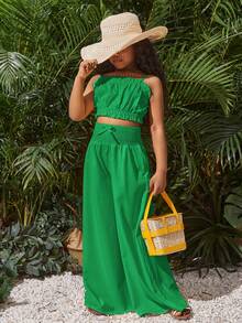 SHEIN Bộ quần ống rộng và áo dệt kim màu trơn thông thường của Tween Girls' Vacation, trang phục phù hợp cho mẹ và tôi (5 món bán riêng), Xuân/Hè - màu xanh lá - Xem 6