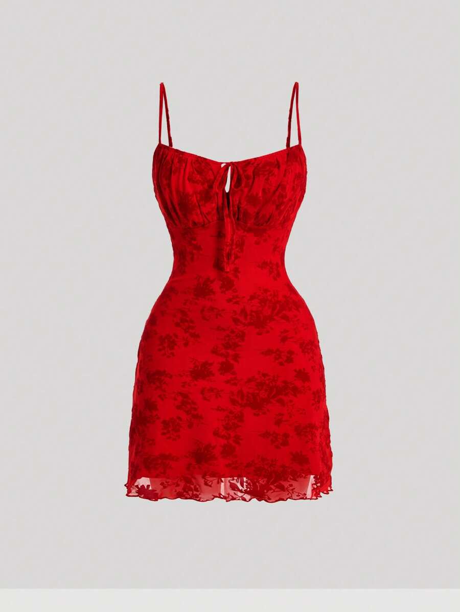 SHEIN MOD Black Date Night Romantic Floral Print Tie Front Cami Dress