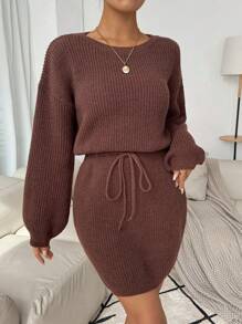 SHEIN Clasi Vestido de suéter de manga larga con cuello redondo, de unicolor y con nudo, para mujer, en color marrón - Café integral - Ver 1