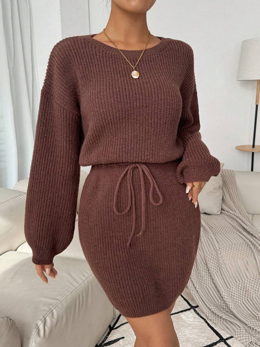 SHEIN Clasi Vestido de suéter de manga larga con cuello redondo, de unicolor y con nudo, para mujer, en color marrón - Café integral - Ver 1