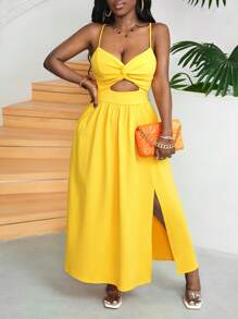 Slaydiva Summer Casual/Date/Holiday Spaghetti Straps Dress, Front Knot And Cut-Out Design, High Slit, A-Line, White Women's Dress -J