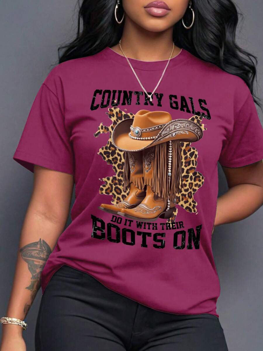 SHEIN LUNE 女士圆领 T 恤，带牛仔靴印花，适合音乐节，图案猎豹印花 T 恤，女式上衣 - 玫紅色 - 查看 1